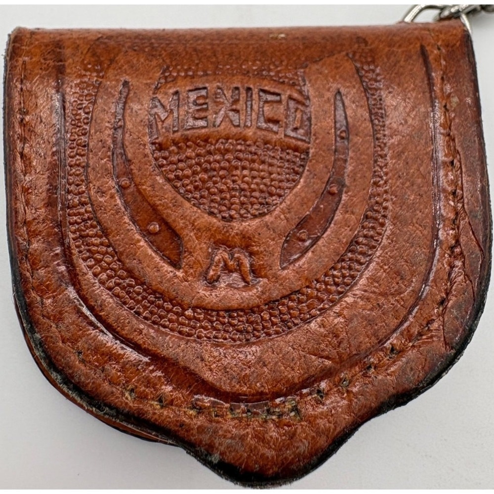 Geminis Leather Coin Holder Keychain Brown Made in Mexico Vintage - Picture 2 of 5
